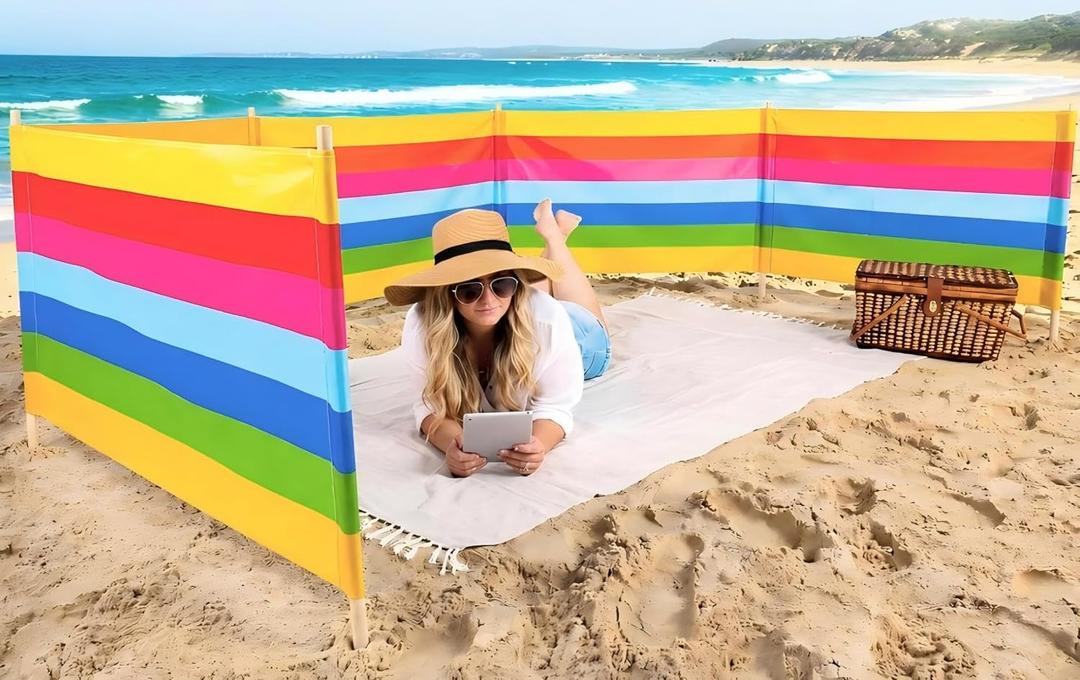 Thyle 20ft Rainbow Stripe Beach Windscreen Set Long Privacy Screen with 6 Hardwood Poles and Carry Bag Portable Wind Blocker for Beach Summer Outdoor Sand Wind Protection, 20 ft x 30 inches