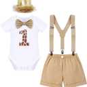 IBTOM CASTLE Baby Boy First Birthday Outfit Jungle Theme Romper+Shorts+Y-Back Suspenders+Headband 4PCS Clothes Photo Props (1T, Khaki)