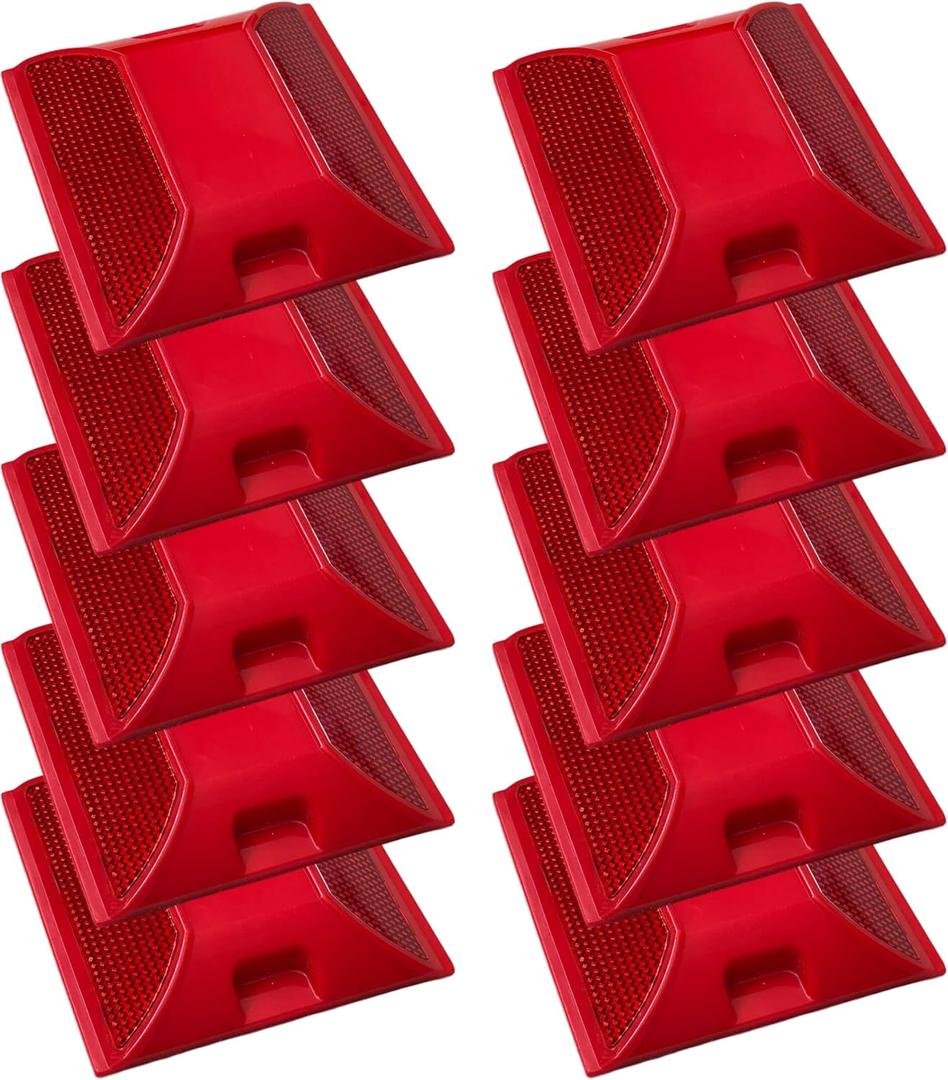 Road Reflectors Pack of 10 | 4 by 4 inch Street Pavement & Asphalt Stud Markers | Great Reflecting for Speed Bumps, Sidewalks, Pedestrian Crossings, Freeways & Driveways | Industrial Grade (Red)