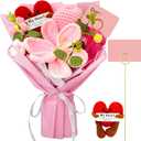 Crochet Flower Bouquet with Floral Card Holder & Crochet Heart, Pink Crochet Tulips Bouquet for Anniversary, Valentine's Day, Preserved Bouquet Gift for Women Mom Grandma