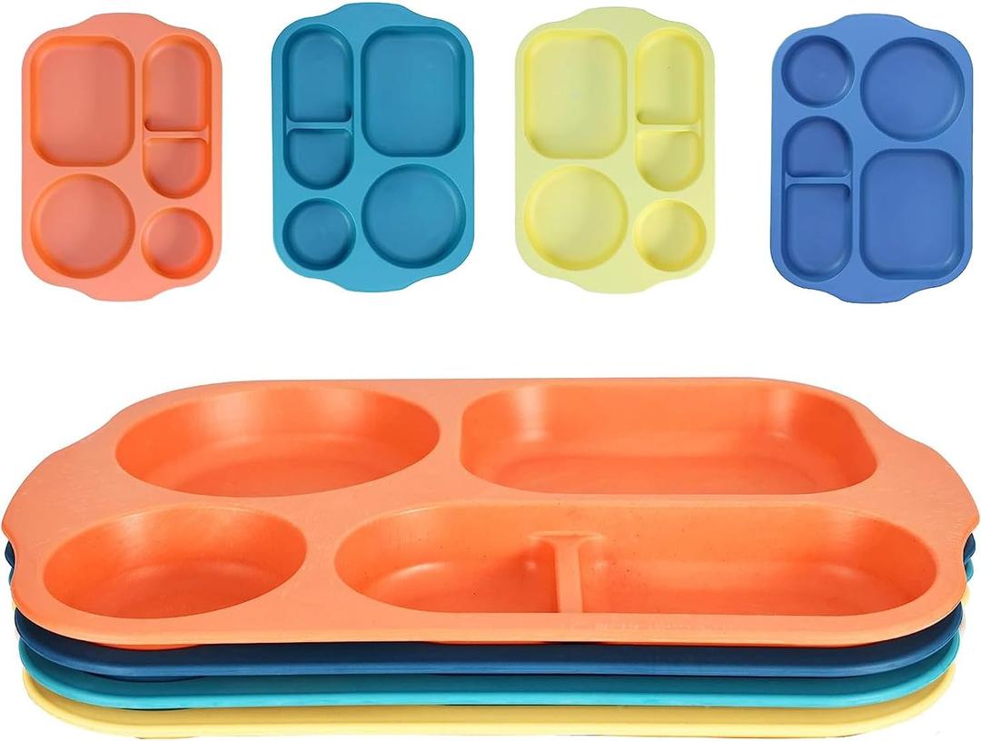Unbreakable Divided Plates for Adults,4 Pack 14 Inch Reusable Portion Control Plate,5 Compartments Fast Food Tray for Kitchen Picnic,Dishwasher and Microwave Safe,Lightweight Plates for Daily Use