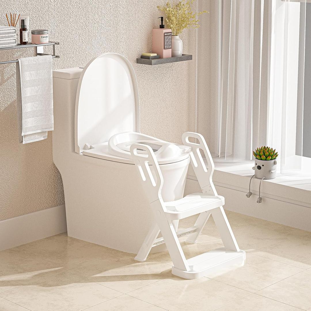 Toddler Potty Training Toilet Seat-Alongside Foldable Potty Train Chair Adapter, Potty Seats with Steps Ladder for Toddlers Kids, Boys, Girls, Child, Baby, and Must-Haves Portable Step Stool Supplies