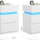 VASAGLE Nightstands with LED Lights, Set of 2, Adjustable Light Colors, Bedside Tables, Side Tables with 3 Drawers, Modern Style, 13.8 x 15.7 x 21.7 Inches, Cloud White ULET799T12, 2 PACK