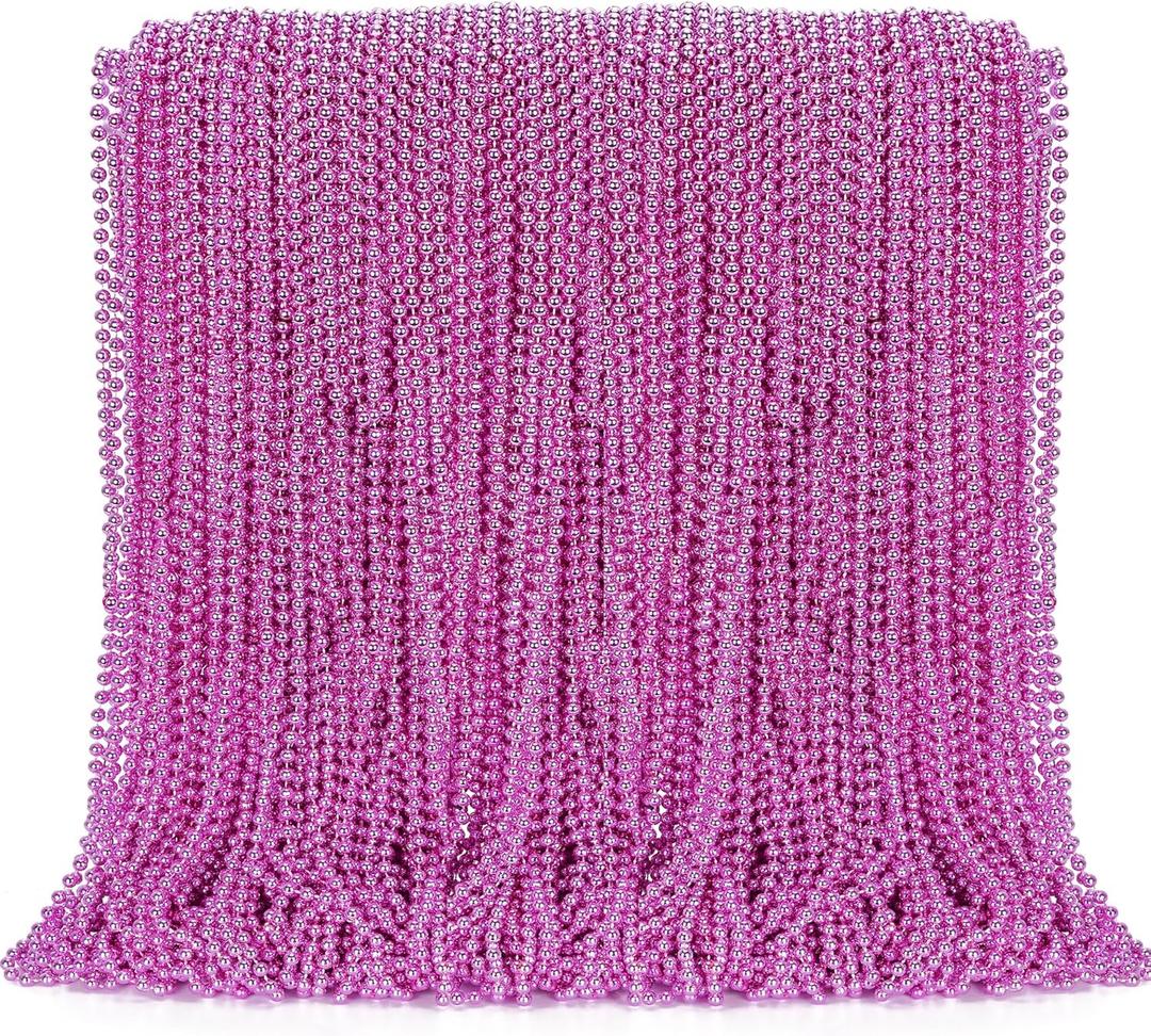 EOBOH 144PCS Bead Necklace, Metallic Pink Mardi Gras Rose Necklaces Bulk, 33" Mardi Gras Round Beaded Necklace Stuff, Festival Parade Throw Accessories Wedding Gender Reveal Party Supplies Decor