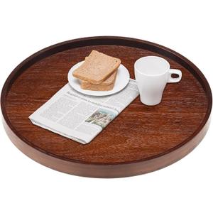 Extra Large Round Solid Wood Serving Tray, Classic Tea Coffee Table Wooden Decorative Ottoman Tray Server for Breakfast in Bed Snack Food Kitchen Party Bar, Raised Edge (19.7inch/50cm) Walnut