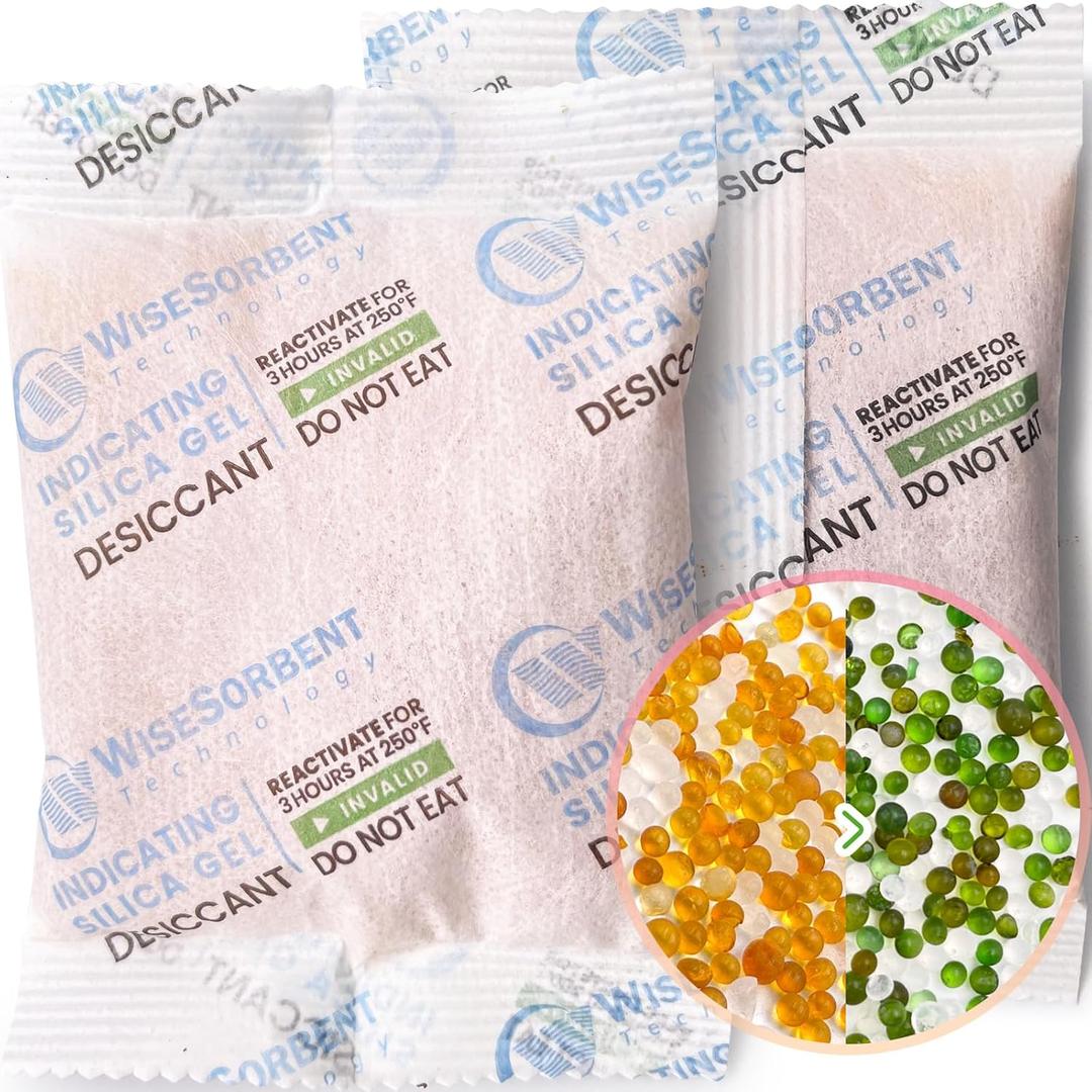 Wisesorb [30 Packs] 50g Desiccant Packs, Indicating Silica Gel Packets, Rechargeable Desiccant Packs, Desiccant Moisture Absorber for Storage