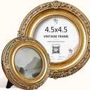 97 Decor Gold Vintage Picture Frame 4.5x4.5 - Antique Gold Picture Frame For Tabletop And Wall Hanging, Golden Round Frames 4.5x4.5, Rustic Decorative Ornate Frames 4.5 x 4.5 For Home Bedroom Decor