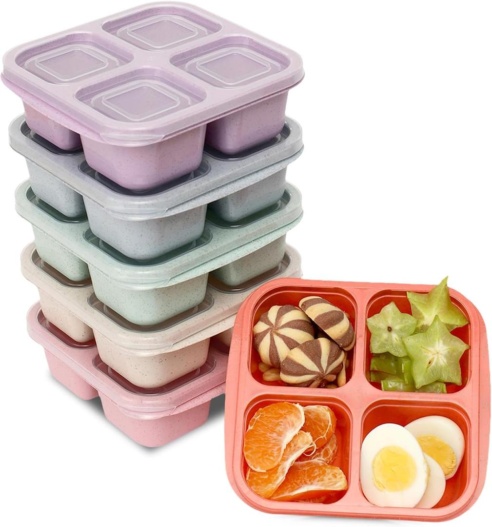 6 Pack Snack Containers, 4 Compartment Snack Box Containers Bento Box, Reusable Meal Prep Lunch Containers for Adults Kids Toddler, Divided Food Containers for Travel Work School