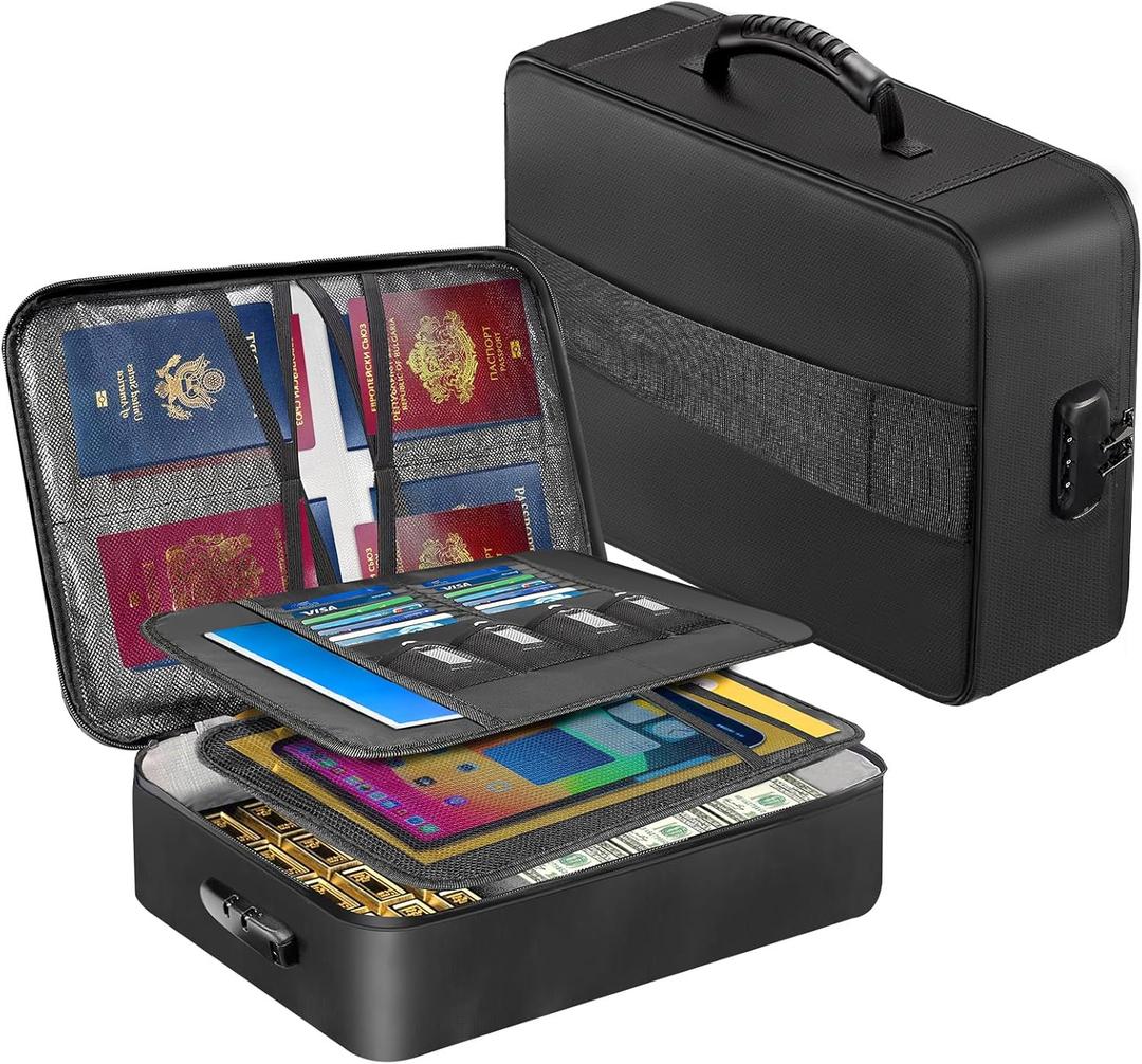 Fireproof Document Box with 5200 Heat Insulated, Document Organizer with Lock and Aluminum Foil Fire-Retardant Lining, Portable Home Travel Safe Storage with Multi-Layer for Important Documents (15"x11"x4.1")