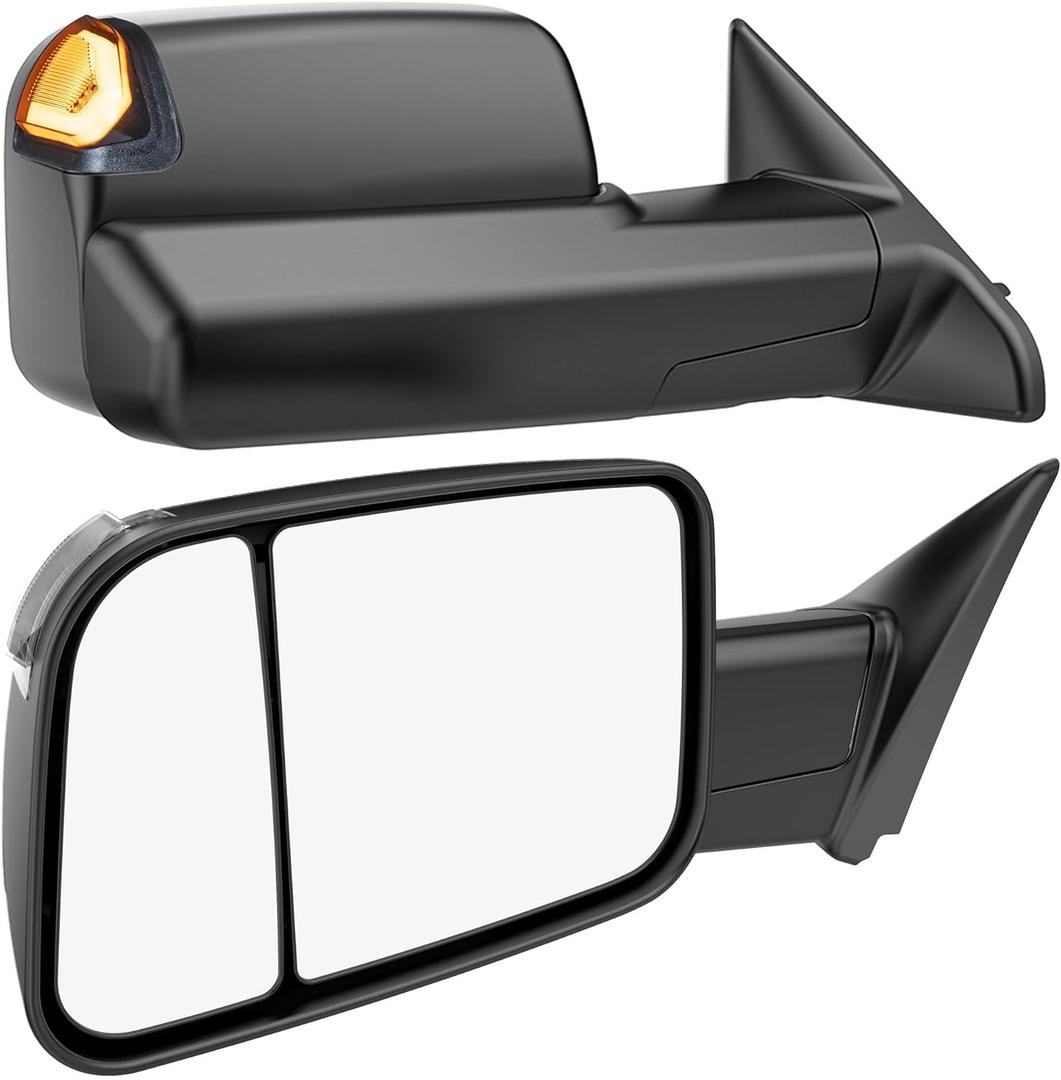 Switchback Signal Tow Mirrors Compatible with Dodge Ram 1500(2009-2018) 2500 3500(2010-2018), Power Heated Flip Up Extended Trailer Towing Side Mirrors w/Puddle Light, Smoked Lens Black Housing
