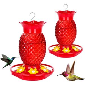 Glass Hummingbird Feeders for Outdoors Hanging Ant and Bee Proof 16OZ 2 Pack Red Pineapple Humming Bird Feeder with 6 Feeding Ports and Ant Moat Hummingbird Gifts for Women Garden Decor
