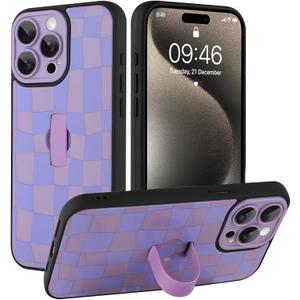 SOKAD for iPhone 15 Pro Case with Finger Strap Kickstand, Purple Checkered