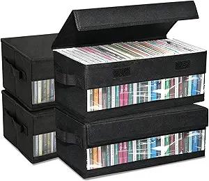 RETON 4 Pack CD Storage Boxes - CD Case Holder with Stackable Dustproof Lid Transparent Visible PVC Window, 14.2 x 6.3 x 5.5 Inches DVD Storage, Organizer for Blu-ray Discs, Movies, Game Discs