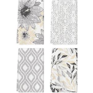 Artoid Mode Silver Floral Leaves Boho Kitchen Towels Dish Towels, 18x26 Inch Seasonal Decoration Hand Towels Set of 4