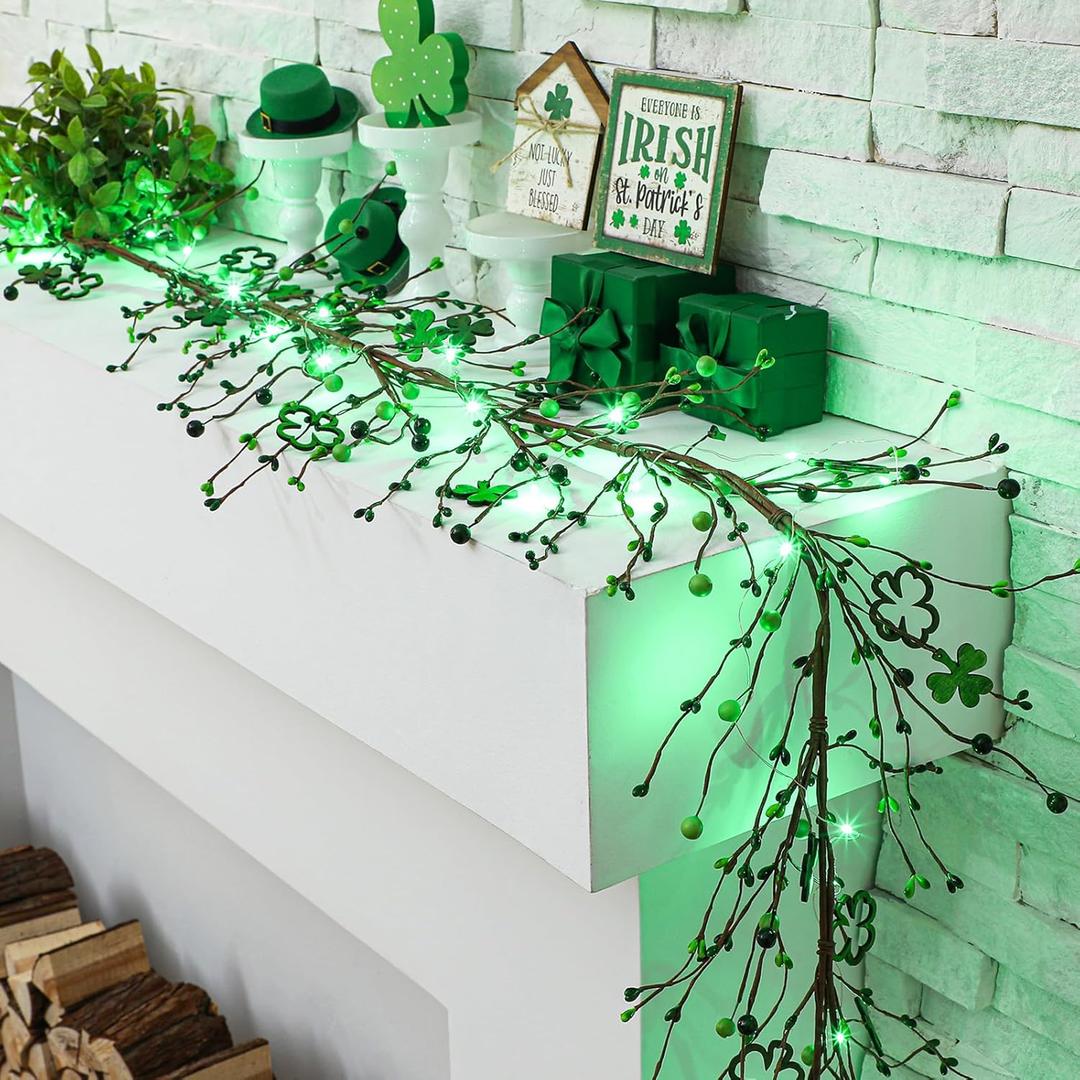 9.84 ft St Patrick's Day Garland with Lights Shamrock Lights Irish Decorative Green Clover Berry Garland Decorations for St Patrick's Day Home Mantel Table Wall Party Decor