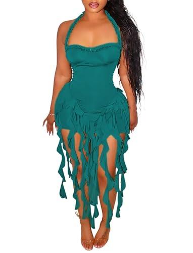 Aro Lora Womens Sexy Halter Neck Sleeveless Ruffle Tassel Party Club Bodycon Mini Dress Large Green