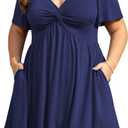 Manllenshie Women's Plus Size Summer Dress Casual Short Sleeves Deep V Neck Twist Knot Front Flowy Dress with Pockets (XX-Large)