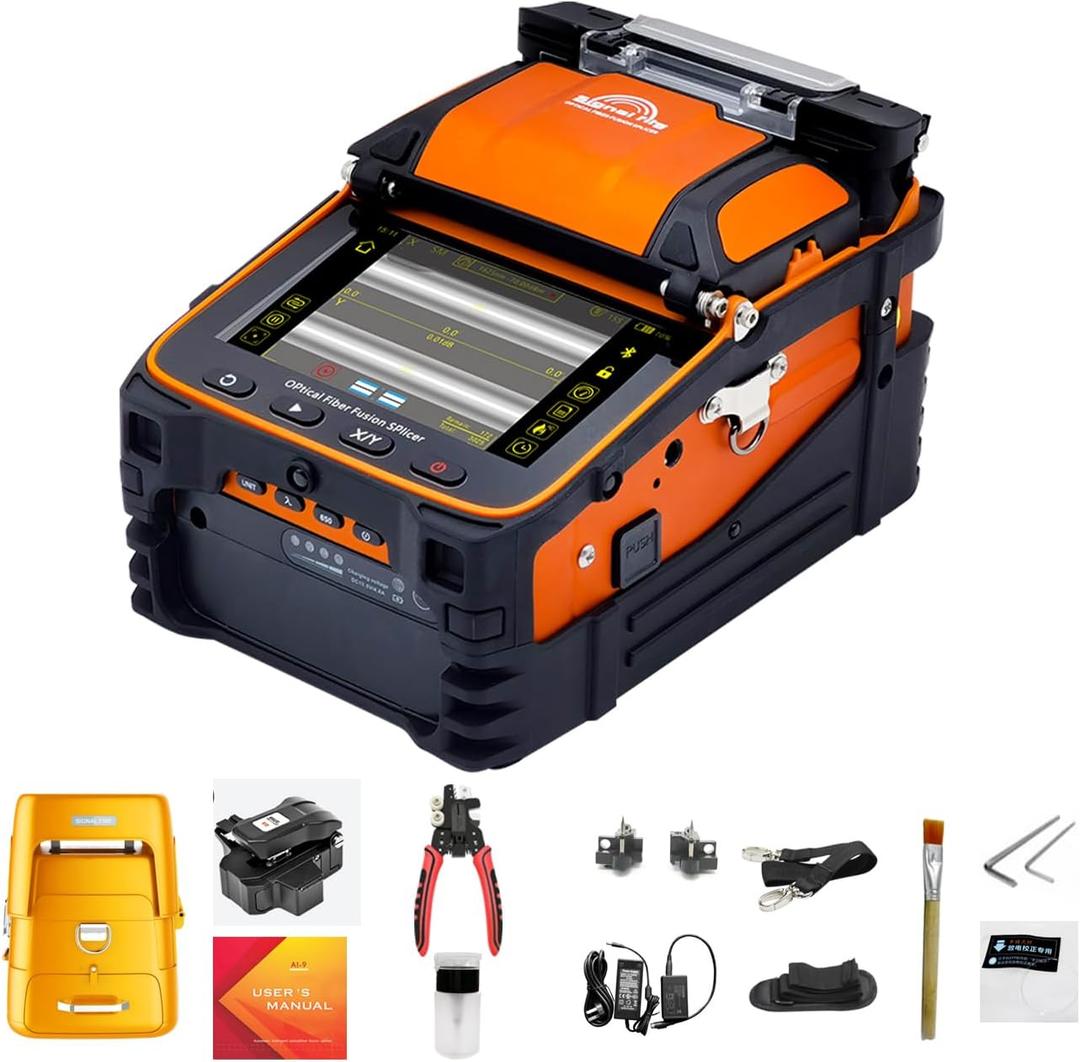Fusion Splicer AI-9, Fiber Splicer Kit with Upgraded 5" Touch Screen 6-Motor Core Alignment, 5s Fast Splice Fiber Optic Splicing Machine for FTTH SM/MM Cable Installation