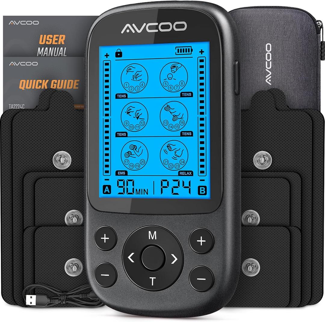 AVCOO 3-in-1 TENS Unit Muscle Stimulator, EMS Massager Machine with 24 Modes & 40 Levels for Shoulder, Back, Neck, Sciatica Pain Relief, Portable-Size Electronic Pulse Massager with 12 Pads, EVA Case
