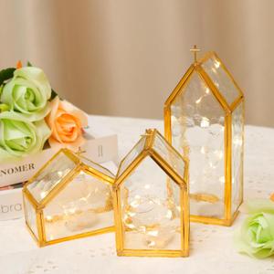 Glass Candle Holder Set of 3, Gold Metal House-Shaped Candle Holders with Textured Glass for Wedding Decor, Elegant Table Centerpieces & Home Accents, Housewarming Gifts for New Home (Gold Copper Frame)