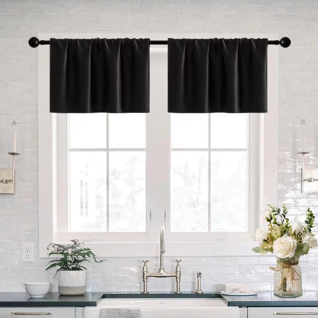 XTMYI 18 Inch Curtains Valances for Windows 2 Pack Rod Pocket Waterproof Curtains for Bathroom Window Small Basement,Black