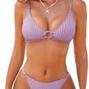 CUPSHE Women's Bikini Sets V Neck O Ring Keyhole Adjustable Straps Textured Bathing Suit Low Rise Bottom, L, Lavender Purple