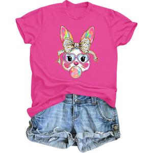 NQIQO Easter T Shirts for Women Easter Bunny Short Sleeve Shirt Pastel Bubble Gum Rabbit Tee Tops Rose Pink L (Pink, L)