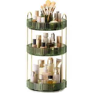 360 Rotating Makeup Organizer, Upgraded 3 Tier Skincare Perfume Organizers for Women, Bathroom Organizer Countertop, Clear Cosmetic Dresser Organizer with Makeup Brush Holder, Sink&Counter (Green)