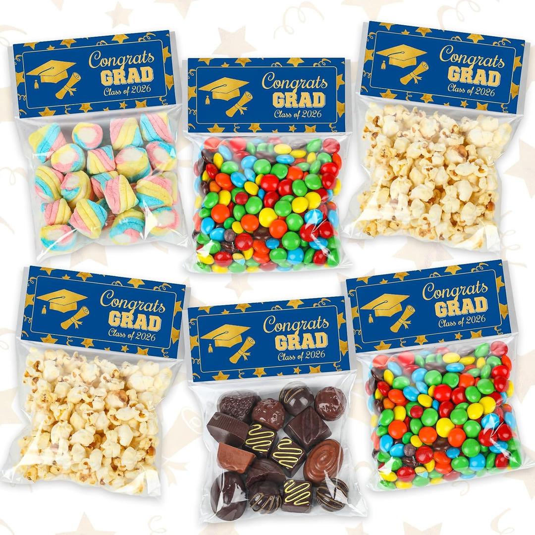 100 Sets Graduation Candy Bags with Congrats Grad Tags and Stapler Graduation Cellophane Cookie Treat Bags for Class of 2026 Grad End of Year School Classroom Party Supplies(Blue)