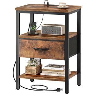SUPERJARE Nightstand with Charging Station, Bed Side Table with Adjustable Fabric Drawer, Night Stand for Bedroom, 3-Tier Storage End Table, for Living Room, Rustic Brown (M (11.8"D x 15.7"W x 23.4"H))