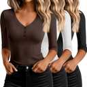 Ficerd 3 Pack Women's 3/4 Sleeve Henley Shirts, Cotton V Neck Ribbed Knit Slim Fit Shirts Tight Basic Tee (Large, Black, White, Brown)