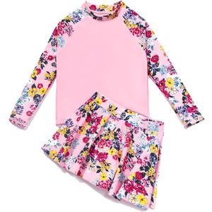 Julysand Girls Rash Guard Set Pink Flowers Modest Swimwear Long Sleeve Two Piece Swimsuit with Dress UV Sun Protection Suit (6 Years)