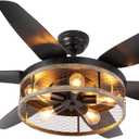 Ohniyou Farmhouse Ceiling Fan with Lights and Remote,52 inch Rustic Ceiling Fan with Caged Light Fixture, Retro Black Outdoor Ceiling Fans for Patio,Living Room,Dining Room,Bedroom