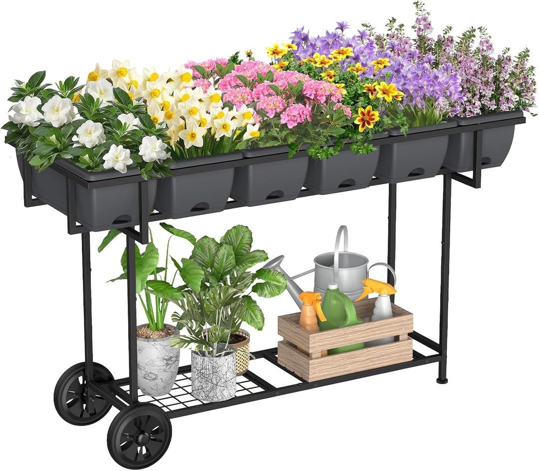 YBING Raised Garden Bed with Wheels Outdoor Elevated Planter Box Stand 6 Pocket Raised Flower Bed with Legs and Storage Shelf Herb Garden Planter for Patio 30" Tall, Dark Grey (Gray)