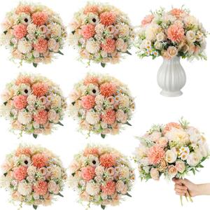 Tigeen 6 Bundles Artificial Bouquet Flowers Artificial Peonies Faux Roses Hydrangea Flowers Bouquet for Wedding Table Centerpiece Floral Vase Decor (Champagne)