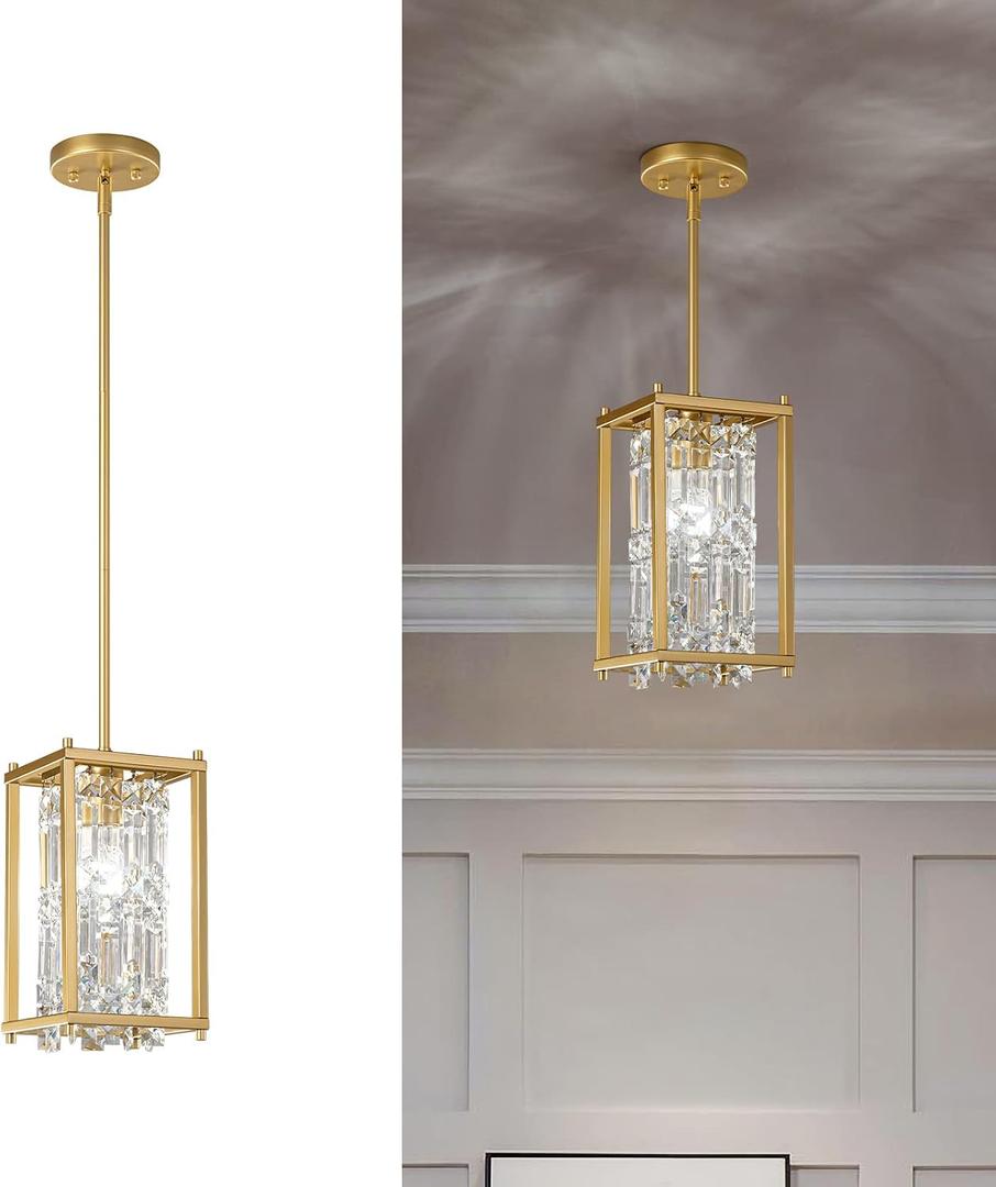 LMQNINE Modern Gold Pendant Light Fixtures for Kitchen Island, Crystal Chandelier Lights Fixture, Elegant Adjustable Pendant Lighting for Dining Room Bedroom (Square 1-Light)