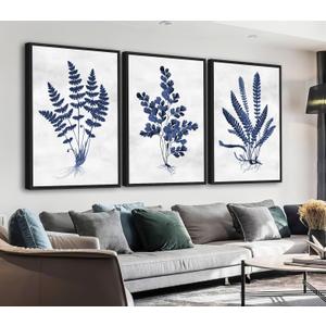 Large Framed Botanical Wall Art - Navy Blue Leaf Wall Decor 16"x24" Set of 3 Minimalist Wall Art Prints Vintage Plant Painting Rustic Fern Canvas Pictures for Living Room Bedroom Office Artwork, 16"x24"x3 Framed