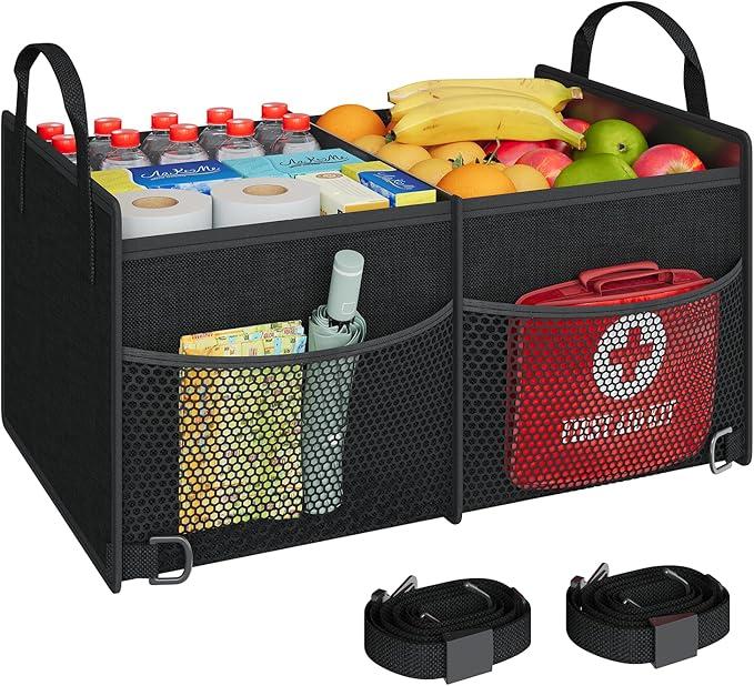 X-cosrack Car Trunk organizer for SUV, Collapsible Car Organizers and Storage for Jeep Sedan with Pockets and Securing Straps, Car Accessories for grocery, Cargo and Snack, 2 Compartments, Black