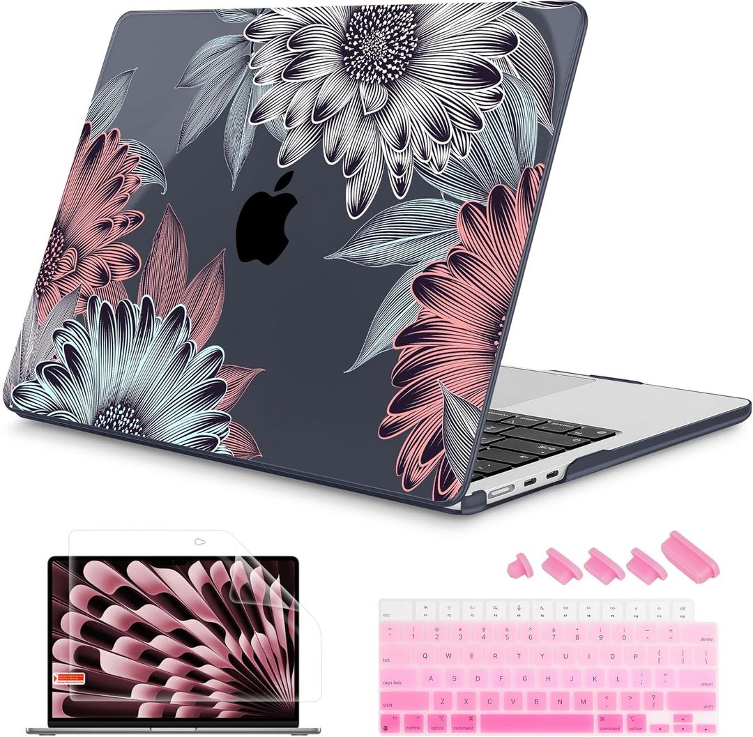 Mektron Designed for 2025/2024/2023 MacBook Air 15 INCH M4 A3241 /M3 A3114 /M2 A2941 Case, Printed Plastic Hard Shell Cover with 15.3" Liquid Retina Display Touch ID, Blooming Chrysanthemums
