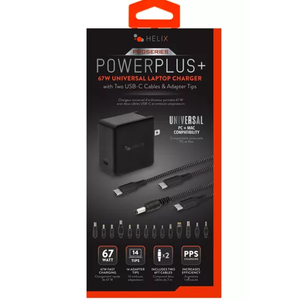 HELIX POWER PLUS+ 67W UNIVERSAL LAPTOP CHARGER with Two USB-C Cables & Adapter Tips