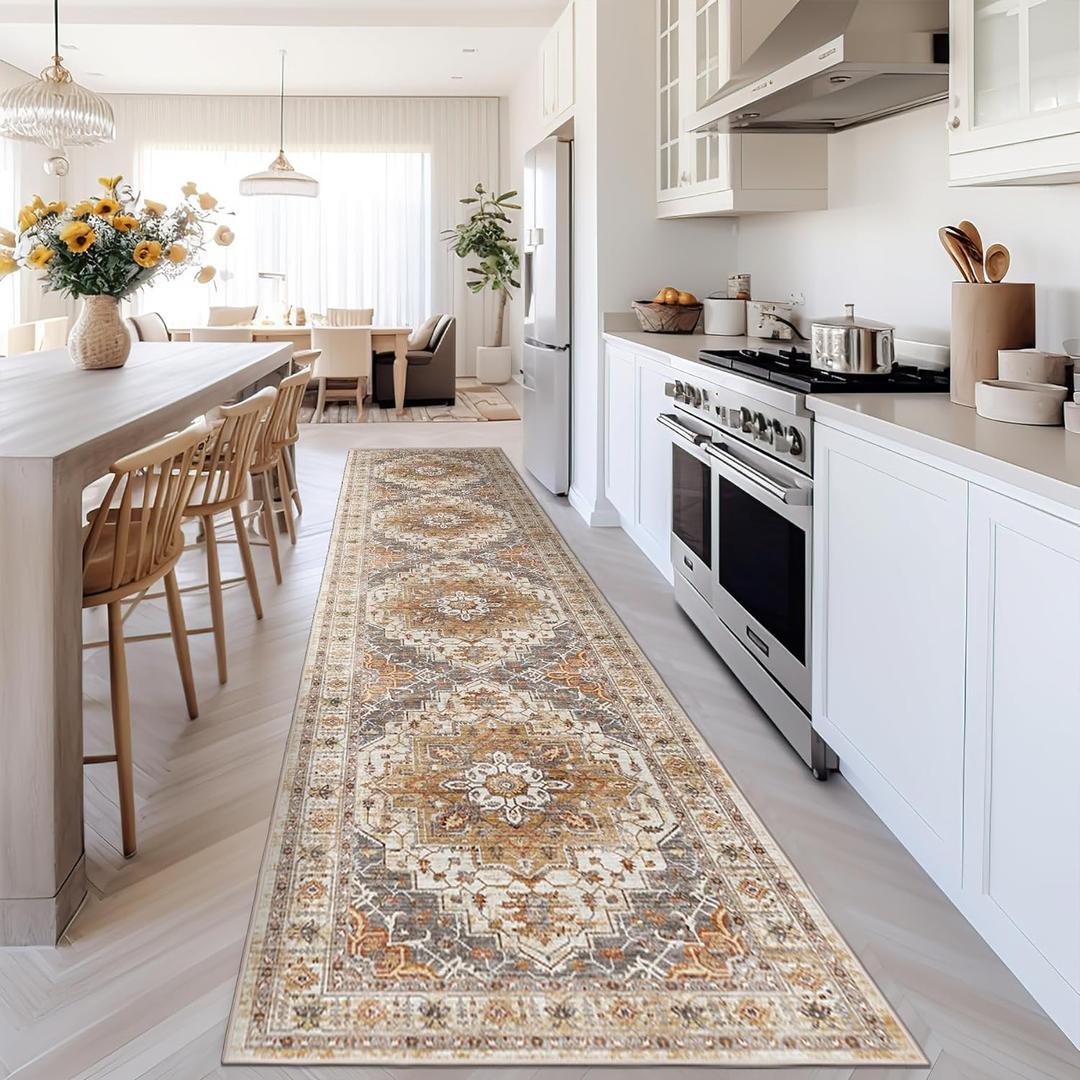 Madane Runner Rugs for Hallway 2x10 Long Washable Non-Slip Hallway Runner Rug Low-Pile Stair Kitchen Runner Throw Carpet for Entrance Living Dining Laundry Room (Turmeric/Grey, 2 x 10)