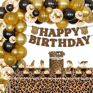 Leopard Print Party Decorations Set, Safari Theme Birthday Supplies with Balloons, Banner, Cake Topper, Tablecloth