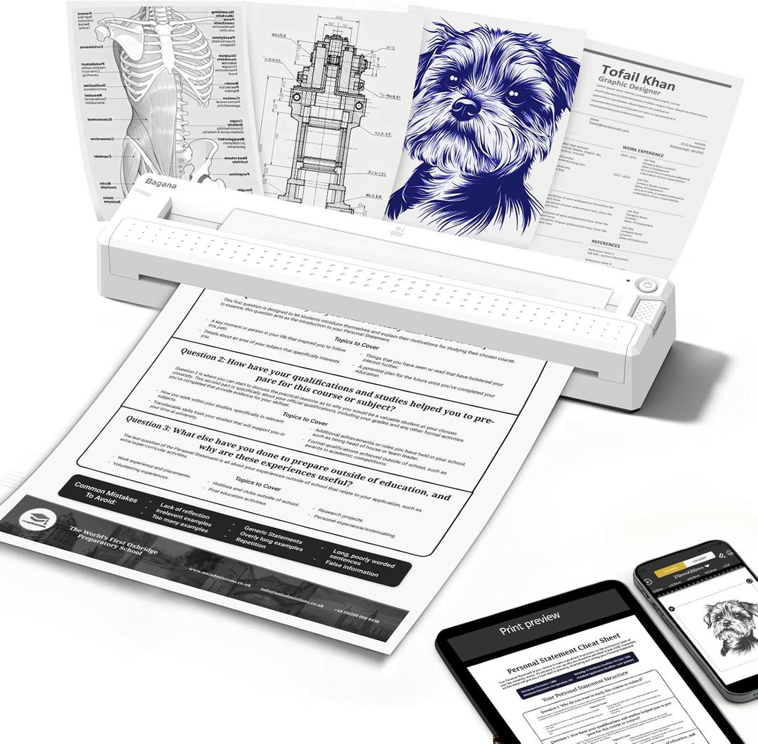 Bagana Inkless Portable Printer, Wireless Thermal Small Bluetooth Mobile Travel Printer for iPhone Android Laptop Supports 8.5x11 Inch US Letter Thermal Paper for Home Office School