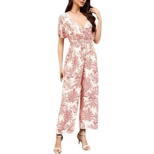 Women's Floral Jumpsuit Boho Jumpsuit Floating Short Sleeve V-Neck Elasticized Drawstring Jumpsuit with Pockets Small