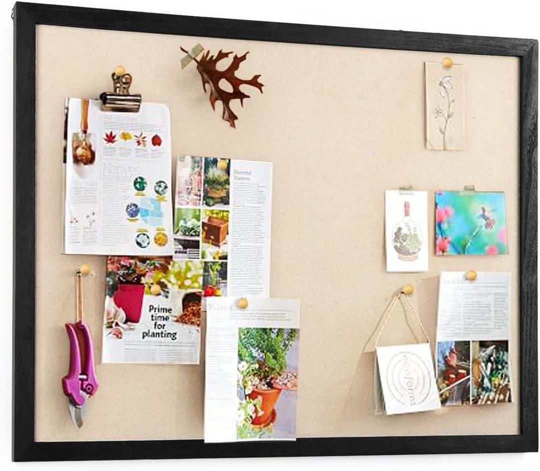 Miratino Large Bulletin Board 23x18 inch with Linen Cork Boards Wall Decor Hanging Pin Wood Framed Display Bulletin Cork Photo Picture Board Light for Room School Office 20-Pushpin Vintage Black