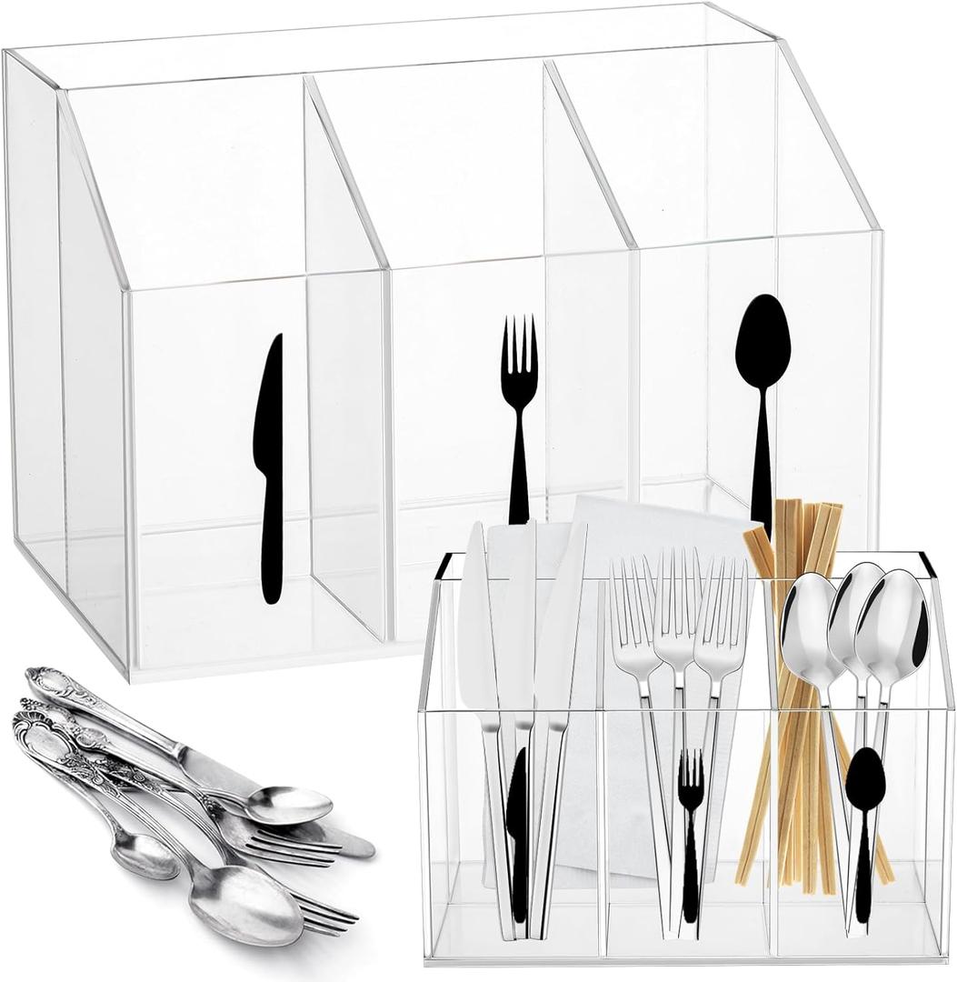 Chunful Acrylic Cutlery Storage Organizer Bin Silverware Caddy Countertop Napkins Flatware Spoon Fork Knife for Cabinet Indoor Outdoor Home Flatware Dining Room10.43 x 6.54 x 3.94 Inches