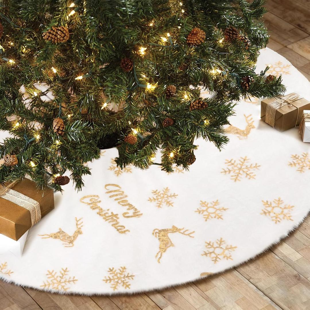Christmas Tree Skirt 48 Inch Faux Fur Xmas Tree Skirt for Trees Decorations Snowflake Reindeer Merry Christmas Sequin Cute White and Gold Tree Skirts for Xmas Decorations Falda para Arbol De Navidad