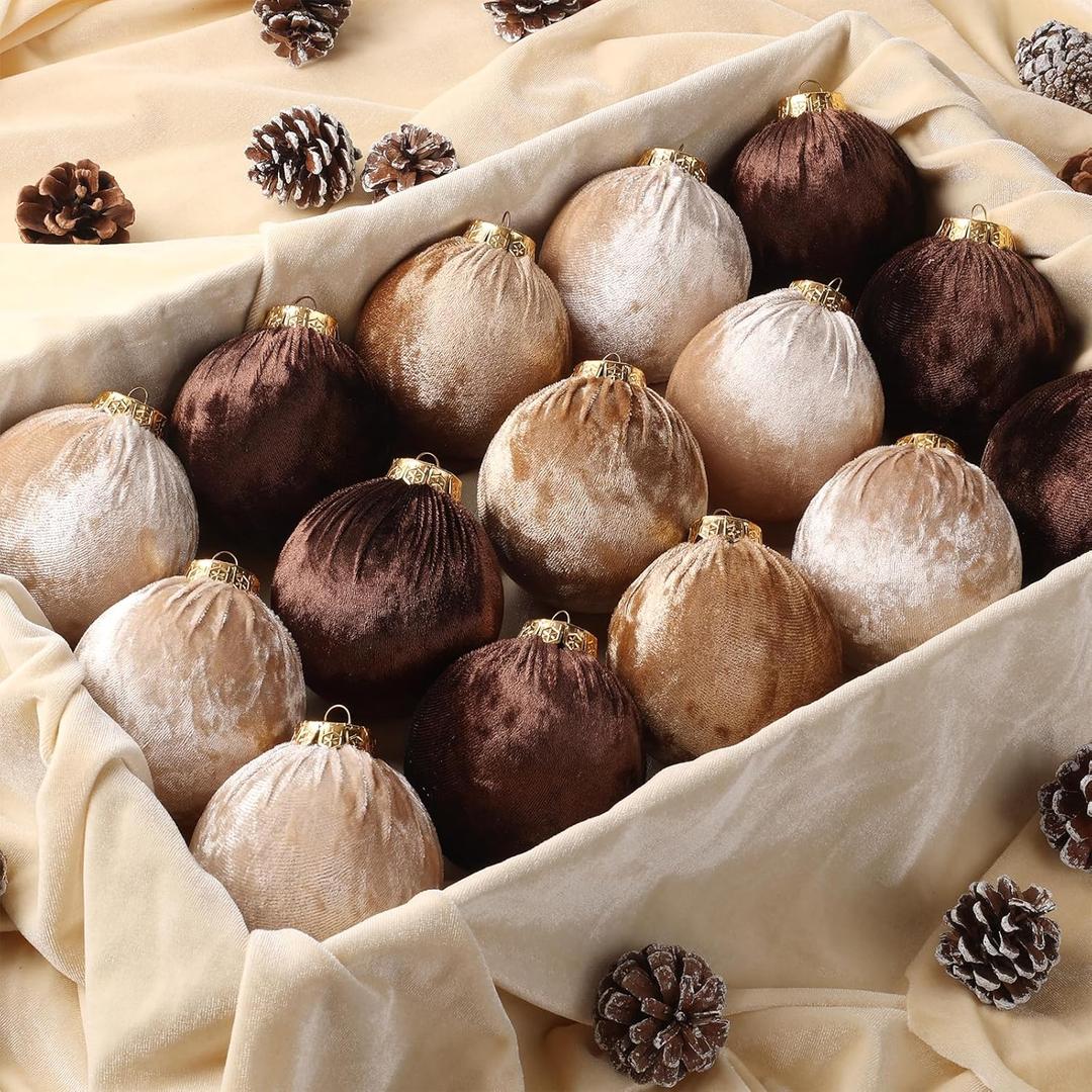 Christmas Tree Ornaments Velvet Balls - 15 Pack 3.15inch with Elegant Color, Velvet Fabric Wrinkle Design for Xmas Tree, Fireplace, Tabletop, Church, Decor (Brown Series)