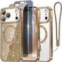 Meifigno Designed for iPhone 17 Pro Case with 2X Privacy Screen Protectors 6.3", [Glitter Card & Wrist Strap] [Compatible with MagSafe] Surround Lens Protection for 17 Pro Case Women, Desert Titanium