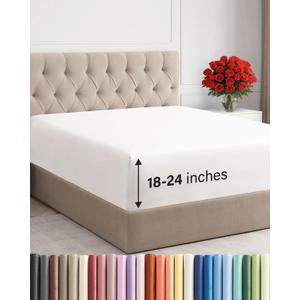 Extra Deep Full Fitted Sheet - Hotel Luxury Single Fitted Sheet Only - Easily Fits 18 inch to 24 inch Mattress - Ultra Soft, Wrinkle Free with Extra Deep Pockets - Breathable & Comfy - Antique White